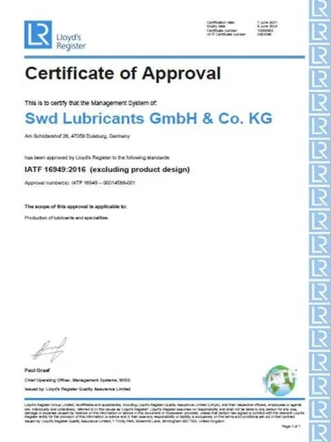 Lutraco-iatf сертификаты 16949: 2016 Swd Lubricants (Lloyd ' s Register) — сапаны растау