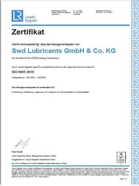 Lutraco-ISO 9001 сертификаты: 2015 Swd Lubricants (Lloyd ' s Register) — сапа менеджменті жүйесі